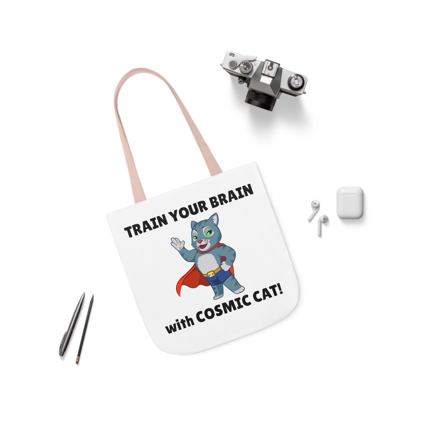 Cool Canvas Tote Bag featuring Cosmic Cat, with 5 Strap Color Options